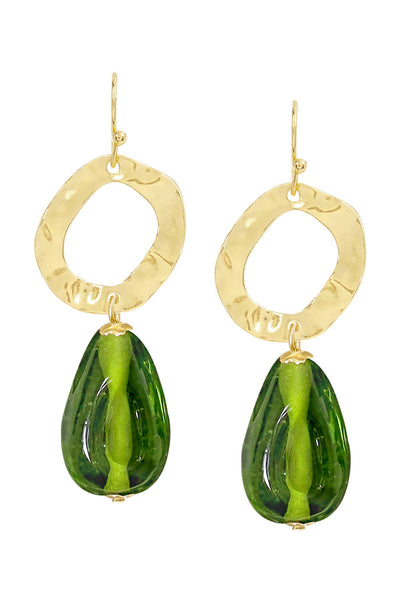 Peridot Murano Glass & Hammered Hoop Drop Earrings - GF