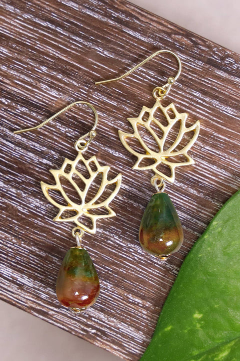 Mixed Jasper & Lotus Drop Earrings - GF