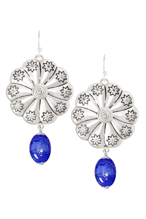 Blue Murano Glass & Hammered Floral Disc Drop Earrings - SF