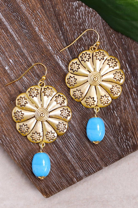 Blue Murano Glass & Hammered Floral Disc Drop Earrings - GF