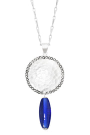 Blue Murano Glass & Hammered Coin Pendant Necklace - SF