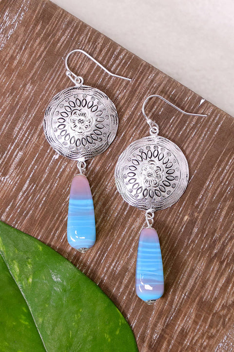 Murano Glass & Floral Hammered Disc Drop Earrings - SF