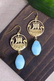 Blue Murano Glass & Viking Ship Drop Earrings - GF