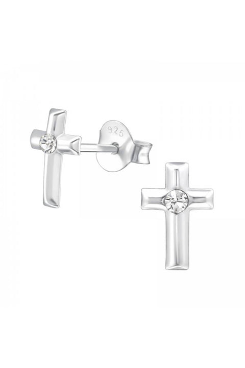 Sterling Silver Cross Ear Studs With Crystal - SS