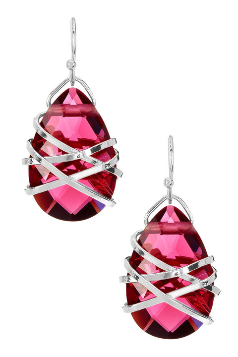 Raspberry Crystal Wrapped Earrings In Silver - SF