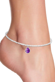 Amethyst Pear Charm Beaded Anklet - SF