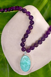 Amethyst Beads Necklace With Amazonite Pendant - SF