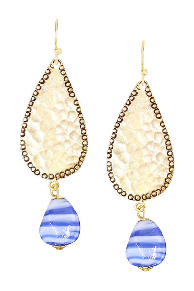 Blue Murano Glass & Hammered Teardrop Earrings - GF