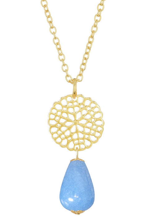 Aquamarine & Daisy Disc Pendant Necklace - GF