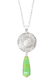 Green Murano Glass & Floral Hammered Disc Necklace - SF