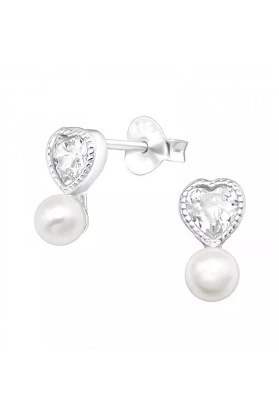 Sterling Silver Heart Ear Studs & CZ & Synthetic Pearl - SS