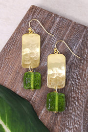 Peridot Murano Glass & Hammered Rectangle Drop Earrings - GF