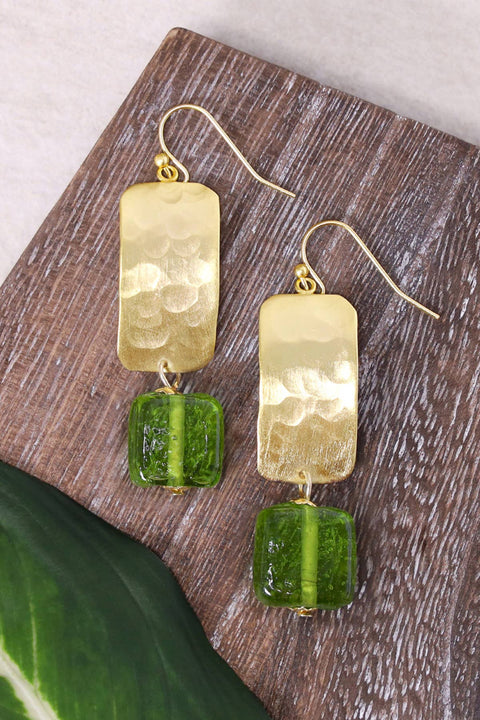 Peridot Murano Glass & Hammered Rectangle Drop Earrings - GF