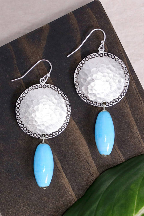 Blue Murano Glass & Hammered Coin Drop Earrings - SF