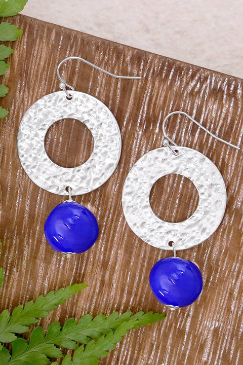 Blue Murano Glass & Hammered Circle Drop Earrings - SF