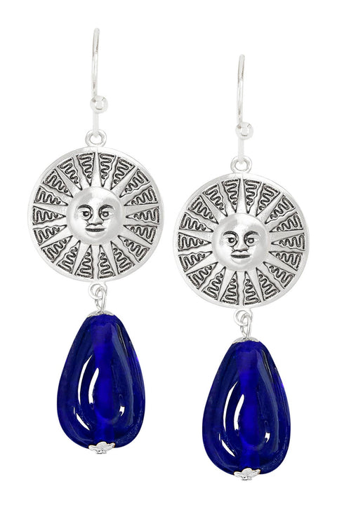 Blue Murano Glass & Aztec Sun Drop Earrings - SF