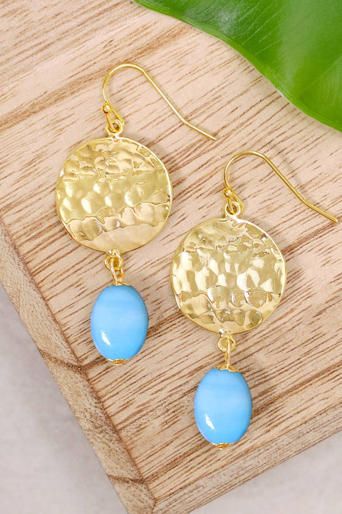 Blue Murano Glass & Hammered Disc Drop Earrings - GF