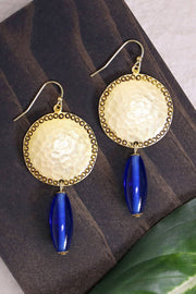 Blue Murano Glass & Hammered Coin Drop Earrings - GF