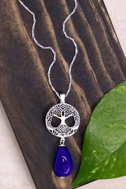 Blue Murano Glass & Tree Of Life Pendant Necklace - SF