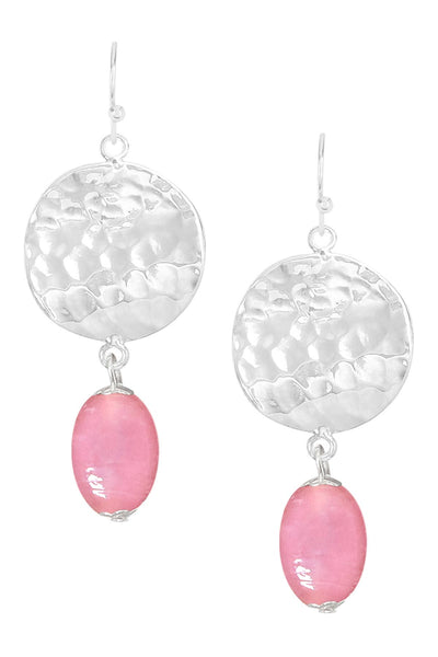 Pink Murano Glass & Hammered Disc Drop Earrings - SF