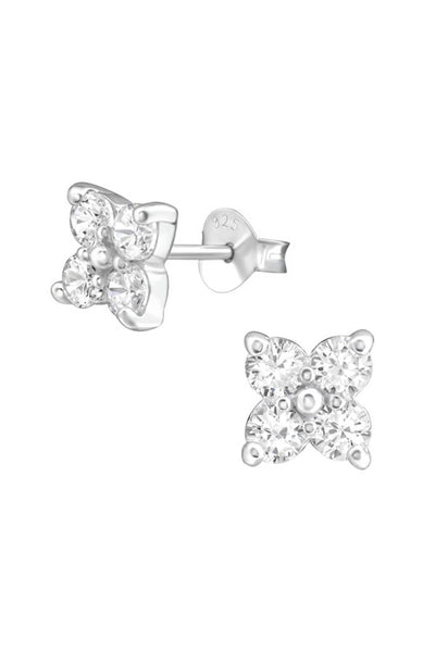 Sterling Silver Flower Ear Studs With Cubic Zirconia - SS