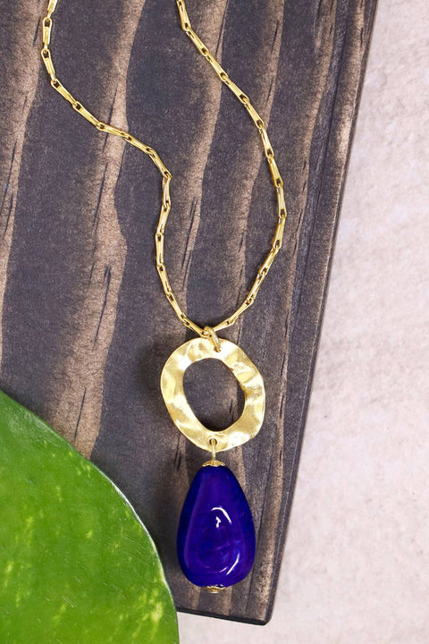 Blue Murano Glass & Hammered Hoop Pendant Necklace - GF