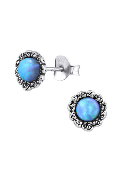 Sterling Silver Flower Ear Studs With Opal - SS