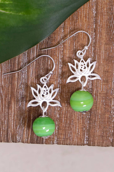 Green Murano Glass & Lotus Drop Earrings - SF