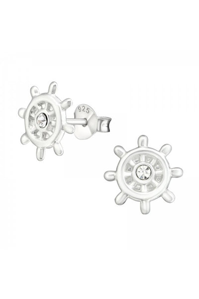 Children's Silver Ship's Wheel Ear Studs With Crystal - SS