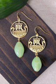 Green Murano Glass & Viking Ship Drop Earrings - GF