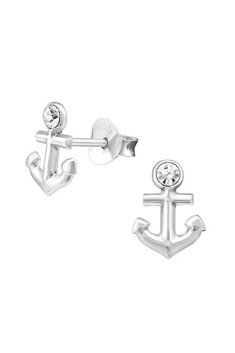 Sterling Silver Anchor Ear Studs With Crystal - SS