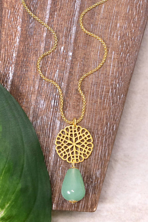 Green Aventurine & Daisy Disc Pendant Necklace - GF