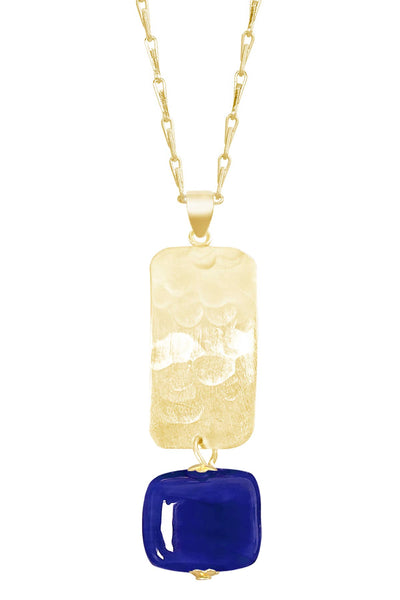 Blue Murano Glass & Hammered Rectangle Pendant Necklace - GF