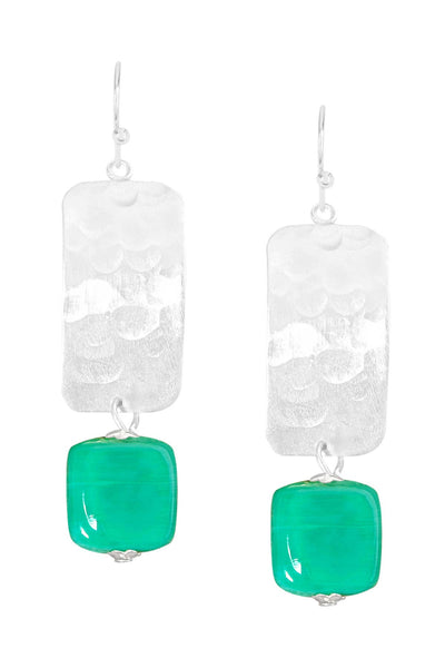 Green Murano Glass & Hammered Rectangle Drop Earrings - SF