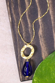 Blue Murano Glass & Hammered Hoop Pendant Necklace - GF