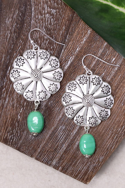 Green Murano Glass & Hammered Floral Disc Drop Earrings - SF