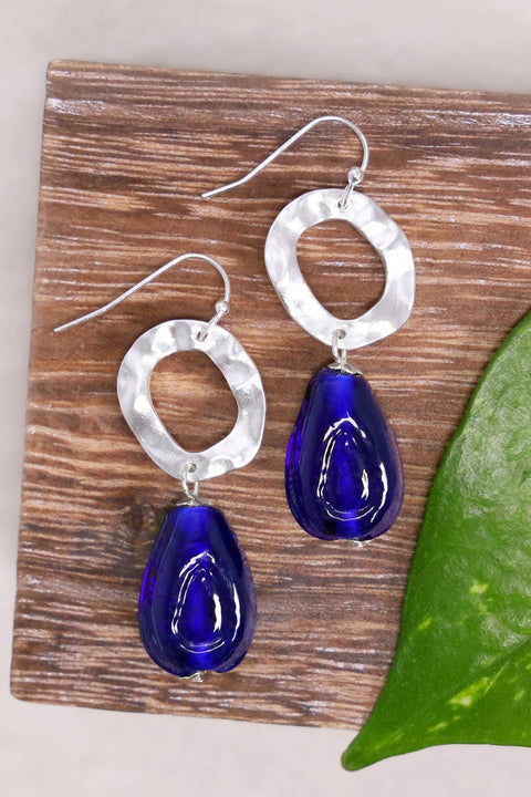 Blue Murano Glass & Hammered Hoop Drop Earrings - SF