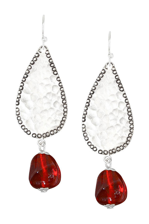 Red Murano Glass & Hammered Teardrop Earrings - SF