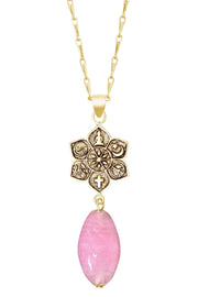 Pink Murano Glass & Coexist Lotus Pendant Necklace - GF