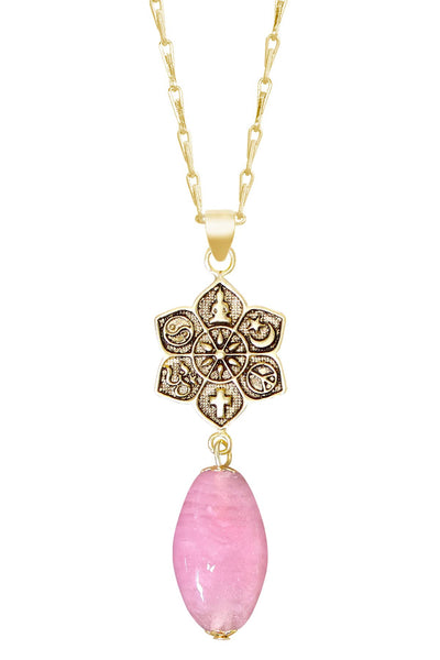 Pink Murano Glass & Coexist Lotus Pendant Necklace - GF