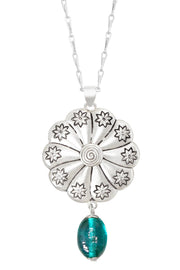 Teal Murano Glass & Hammered Floral Disc Necklace - SF