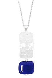 Blue Murano Glass & Hammered Rectangle Pendant Necklace - SF