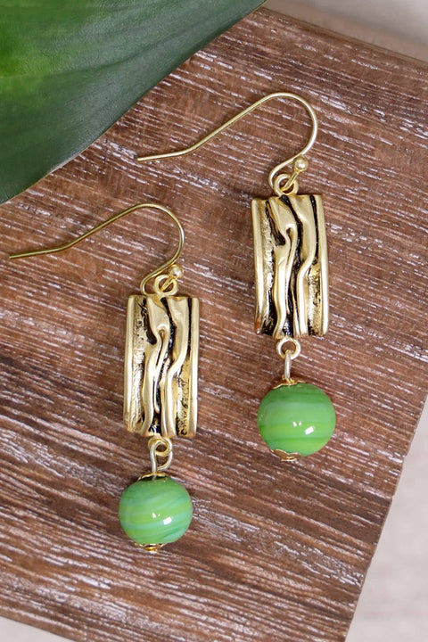 Green Murano Glass & Textured Rectangle Drop Earrings - GF