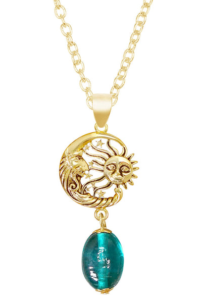 Teal Murano Glass With Sun & Moon Pendant Necklace - GF