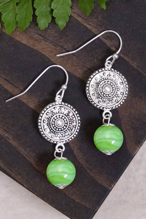 Green Murano Glass & Mandala Disc Drop Earrings - SF