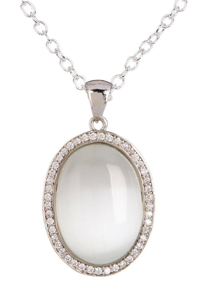 White Cat's Eye & CZ Oval Pendant Necklace - SF