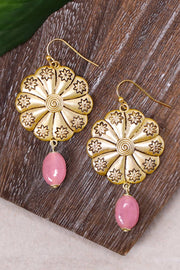 Pink Murano Glass & Hammered Floral Disc Drop Earrings - GF