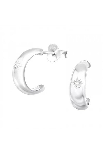 Sterling Silver Half Hoop Ear Studs With Cubic Zirconia - SS