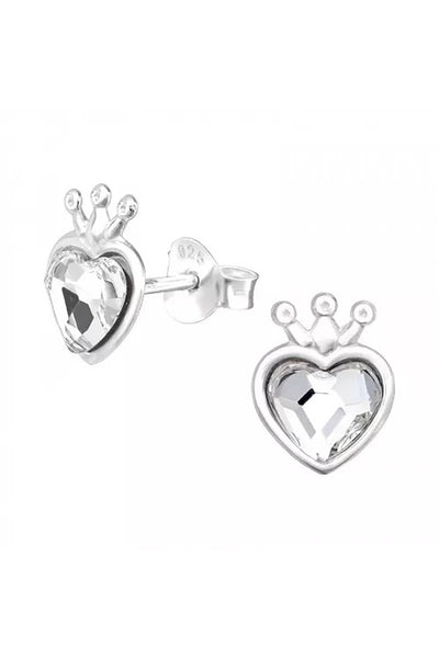 Sterling Silver Heart Crown Ear Studs With Crystal - SS