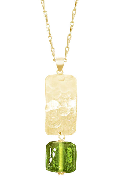 Peridot Murano Glass & Hammered Rectangle Necklace - GF